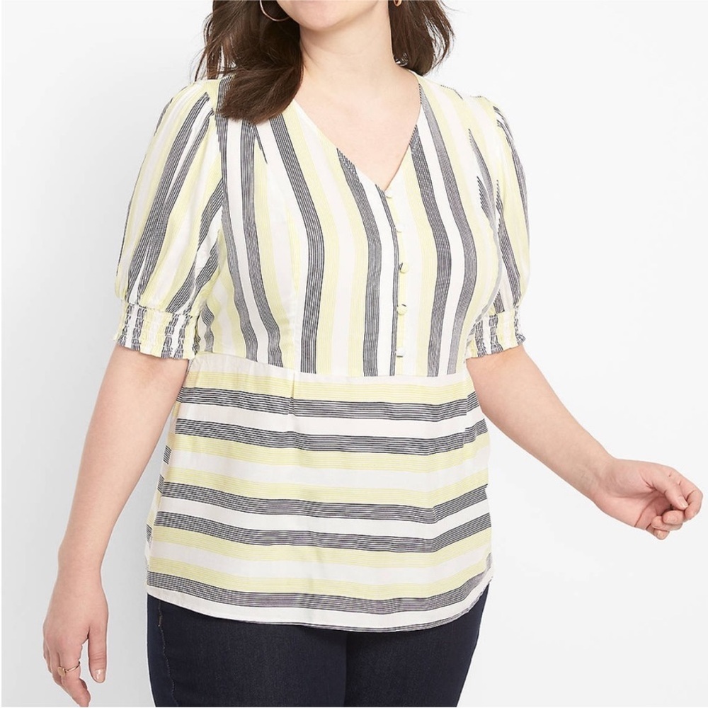 Lane Bryant Short Puff Sleeve V Neck Button Peplum‎ Top Striped